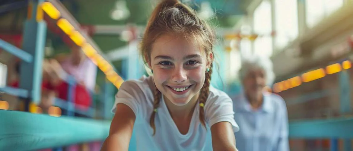 A gymnast's leap and an older man's therapy session depict a therapist's day.