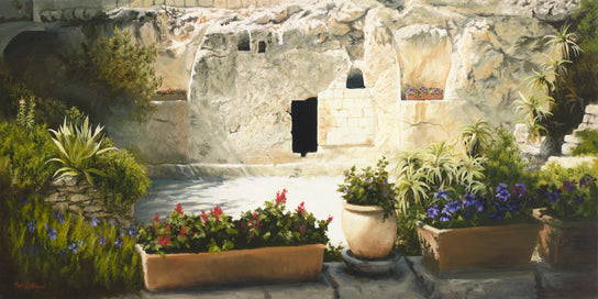 Painting of Jesus' empty tomb. Flowers and greenery are in the foreground. 