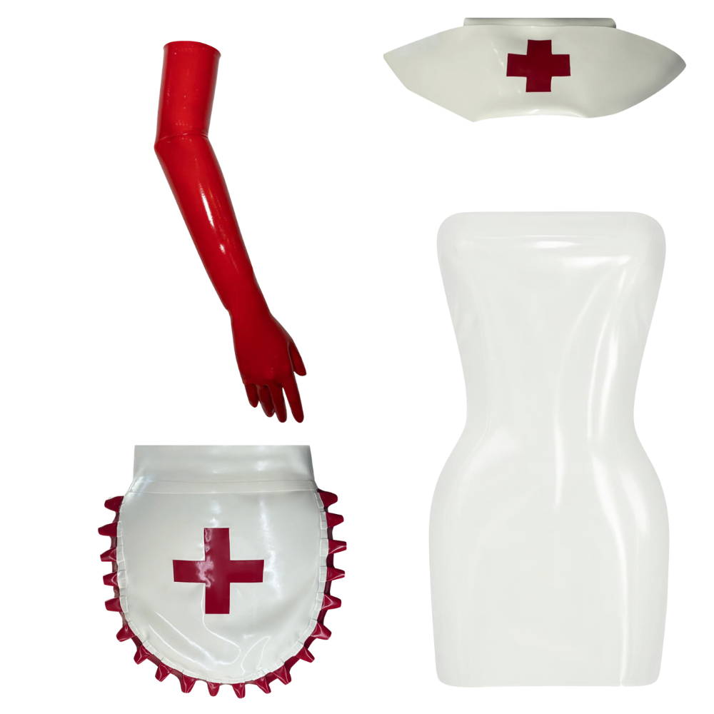 White latex nurse costume set with red cross accessories, gloves, and hat by Vex Clothing.
