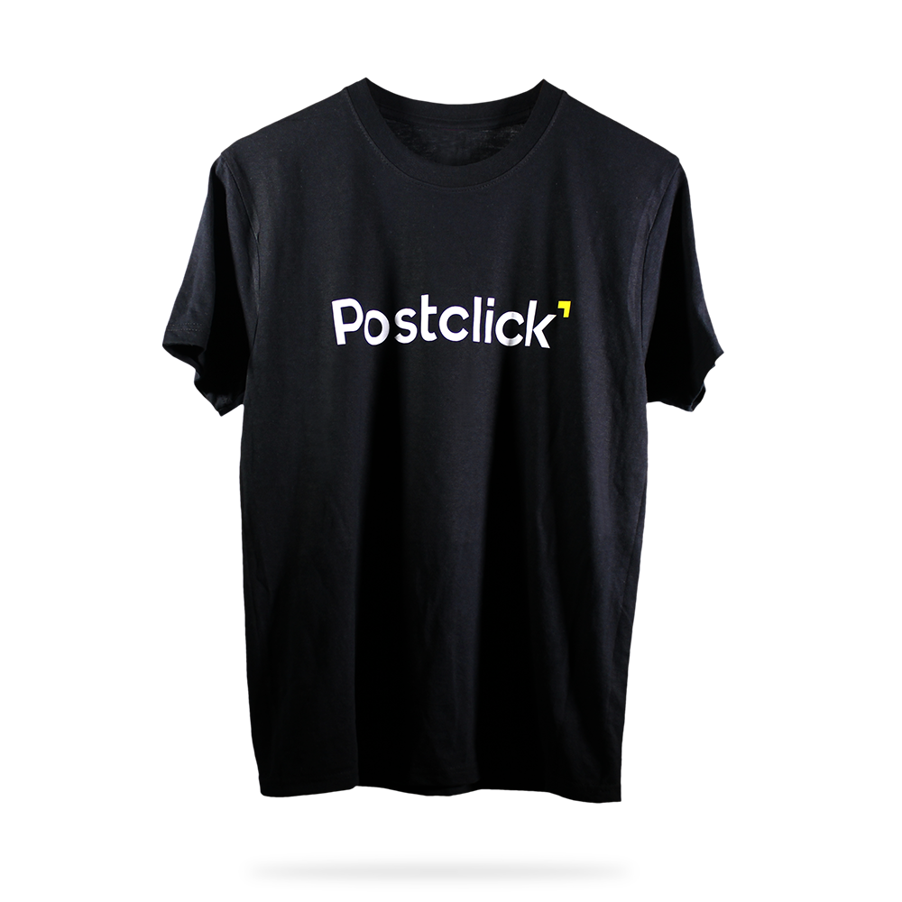 Front Postclick logo direct to film printed design on black 100% Cotton round neck shirt