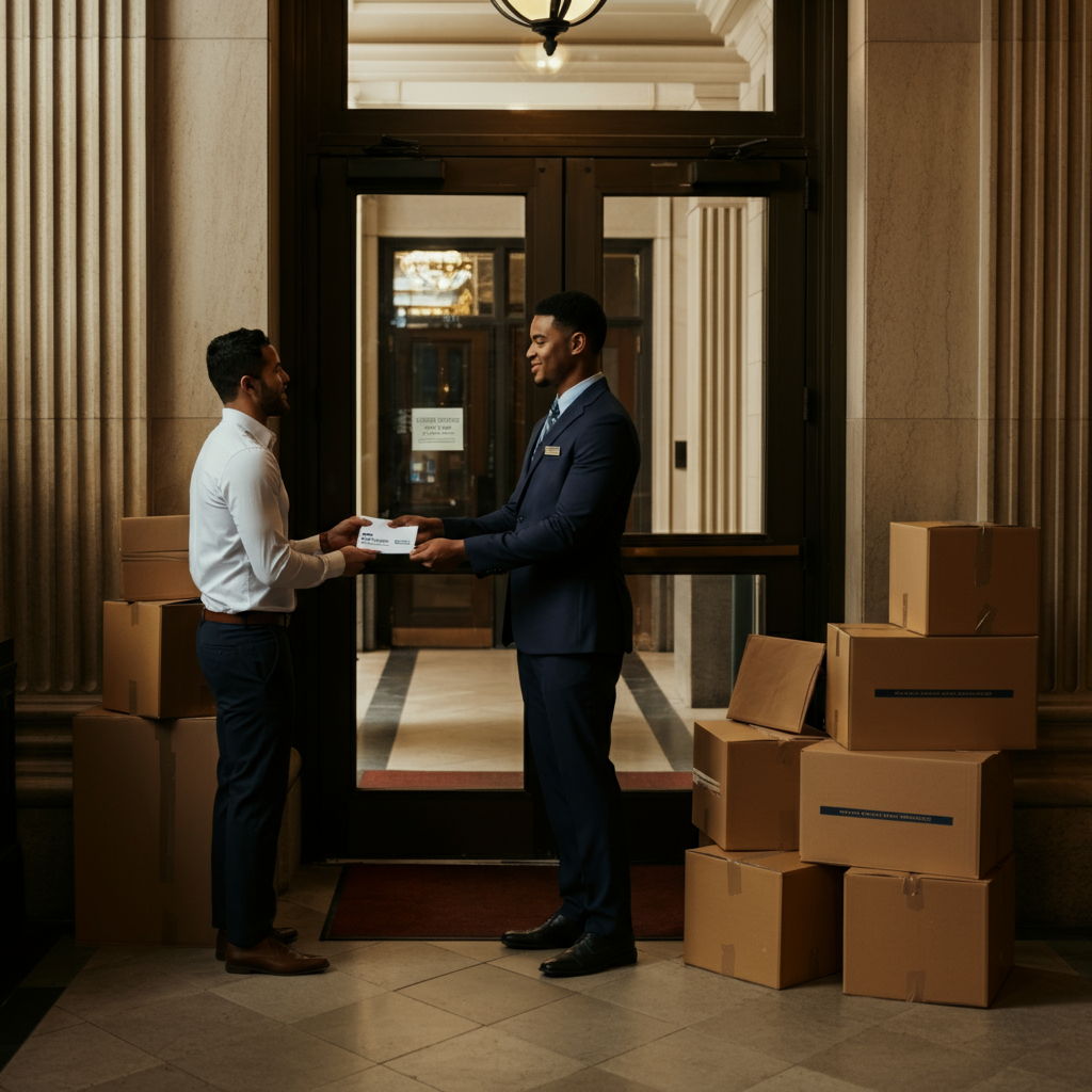 A newly relocated homeowner meeting with a concierge in an elegant lobby of a Gold Coast building. The concierge is providing a welcome packet with building information, neighborhood guides, and access credentials while moving boxes wait near the entrance, representing the final stage of the relocation process.