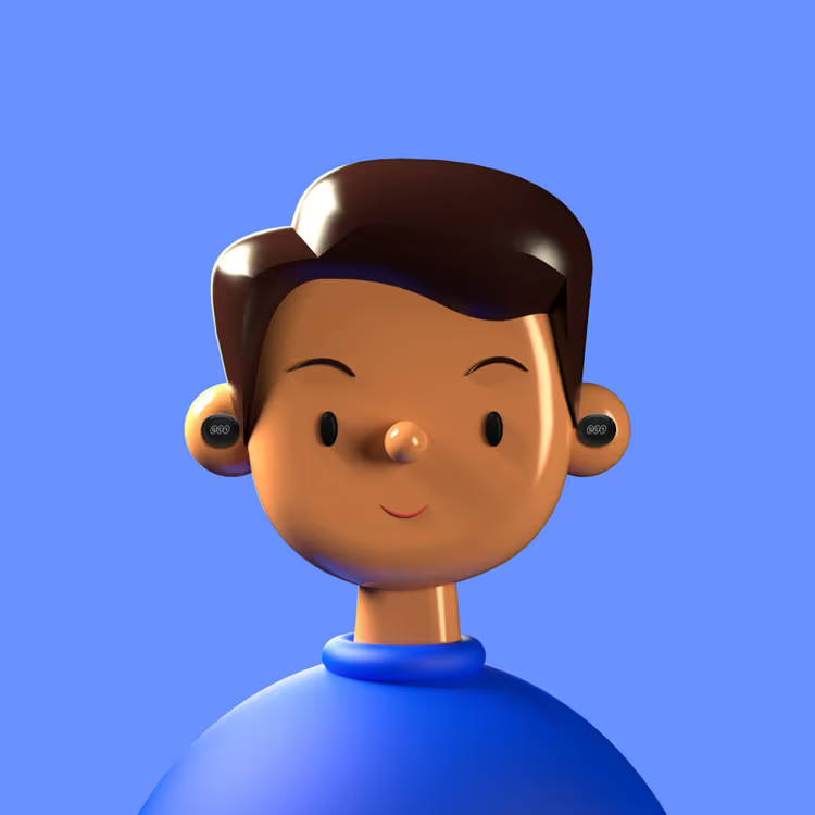 boneco 3D de camiseta azul com fone QCY