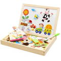 Montessori Magnetic Circus Board game for kids with colorful magnet pieces, chalk, and a pen.