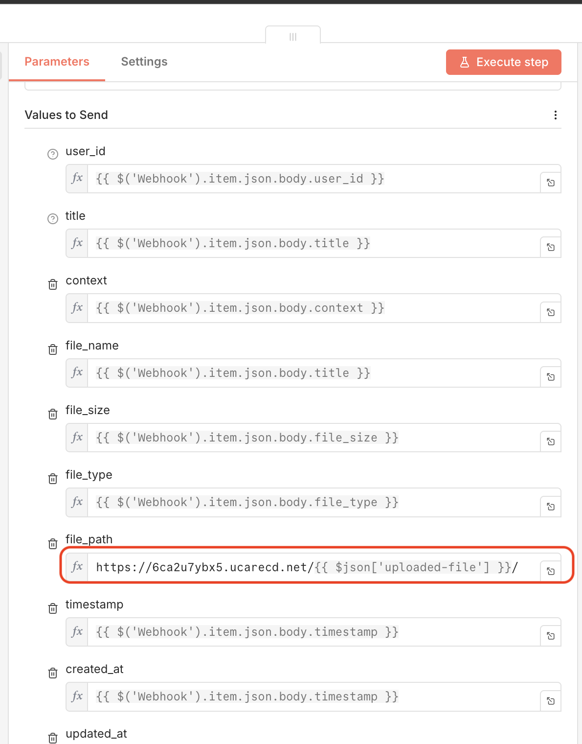 n8n PostgreSQL node storing Uploadcare file info