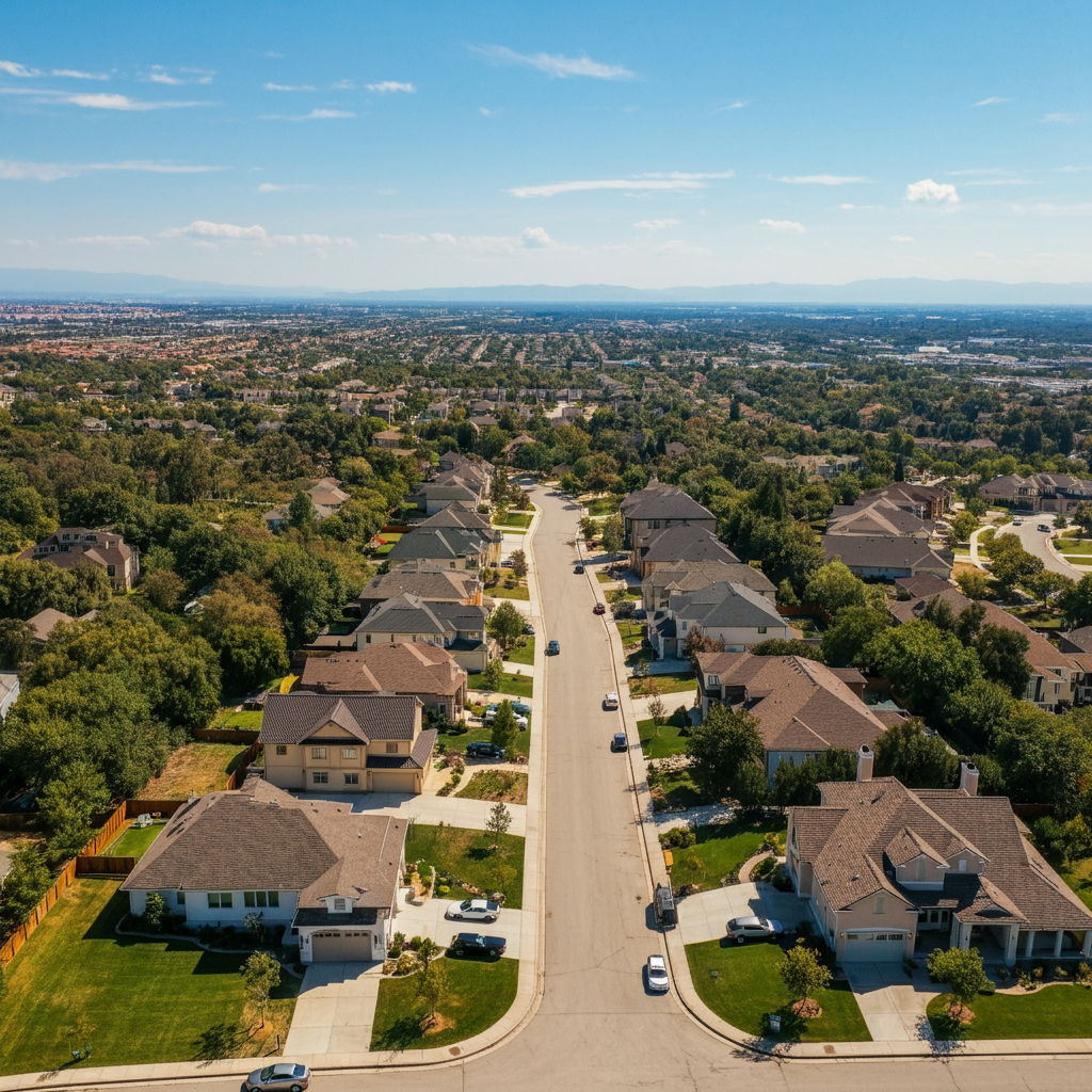 A photographic style image of A bird's eye view of a thriving Lafayette subdivision, showcasing well-maintained properties with diverse architectural styles amid tree-lined streets. high focus, sharp, lots of bright light, extra bright, highly detailed, high quality, dslr, film grain, fujifilm XT3, RAW photo, RAW candid cinema, color graded porta 400, depth of field, hyper realistic, natural-looking, expressive, textured skin, texture, 8k, photorealistic