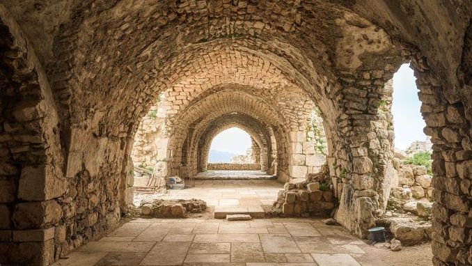 Main hall in Smar Jbeil crusader castle, a citadel from medieval times near Batroun, Lebanon, Middle East
