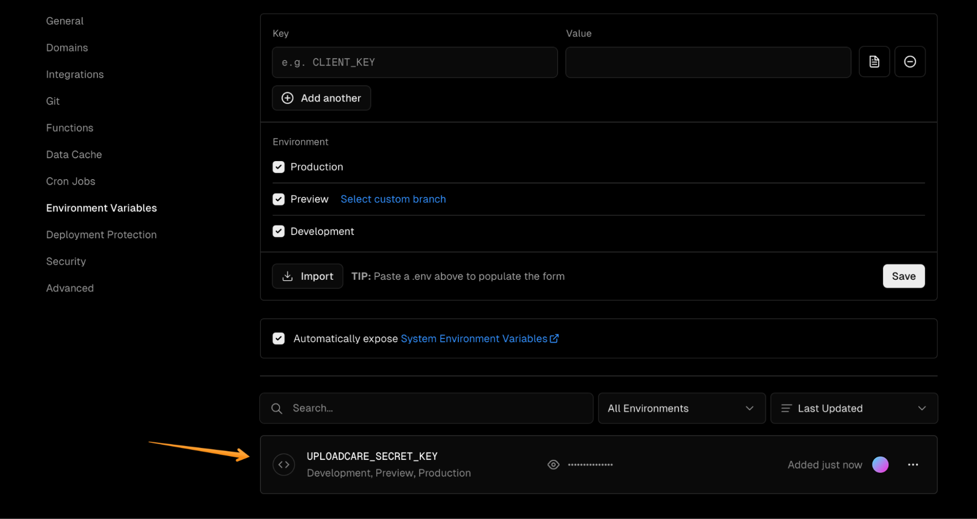 Uploacare secret key is assigned as an environment variable