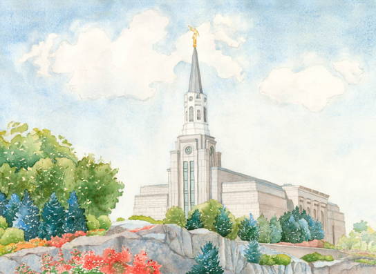 Painting of the Boston Temple on a hill. Trees and red flowers fill the landscape.