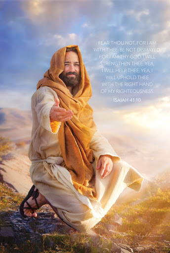 LDS art poster of Jesus reaching out toward the viewer with a kind smile. It includes scripture verse Isaiah 41:10.