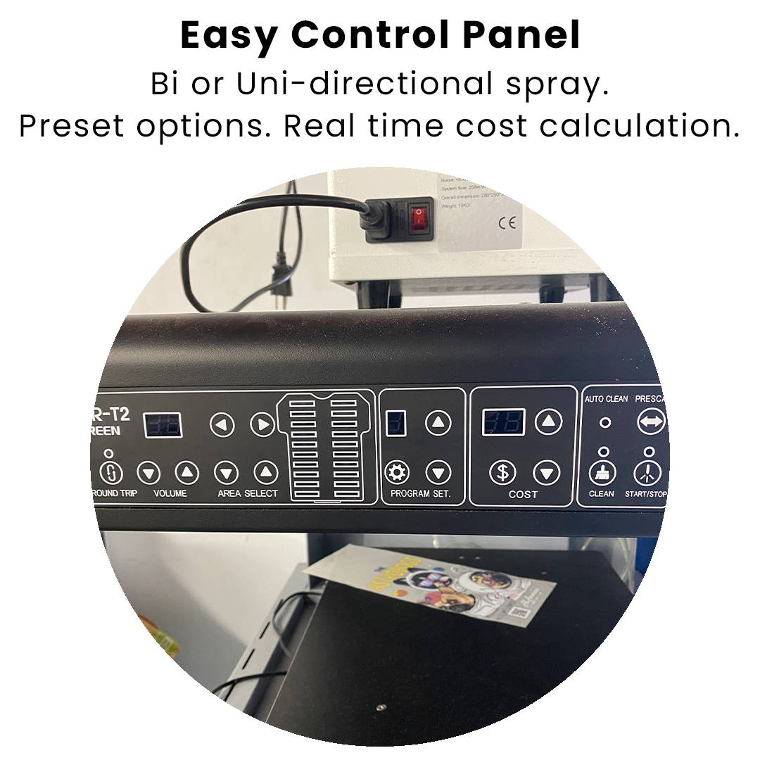 Easy control panel. Bi or Uni directional spray. Preset options. Real time cost calculation.