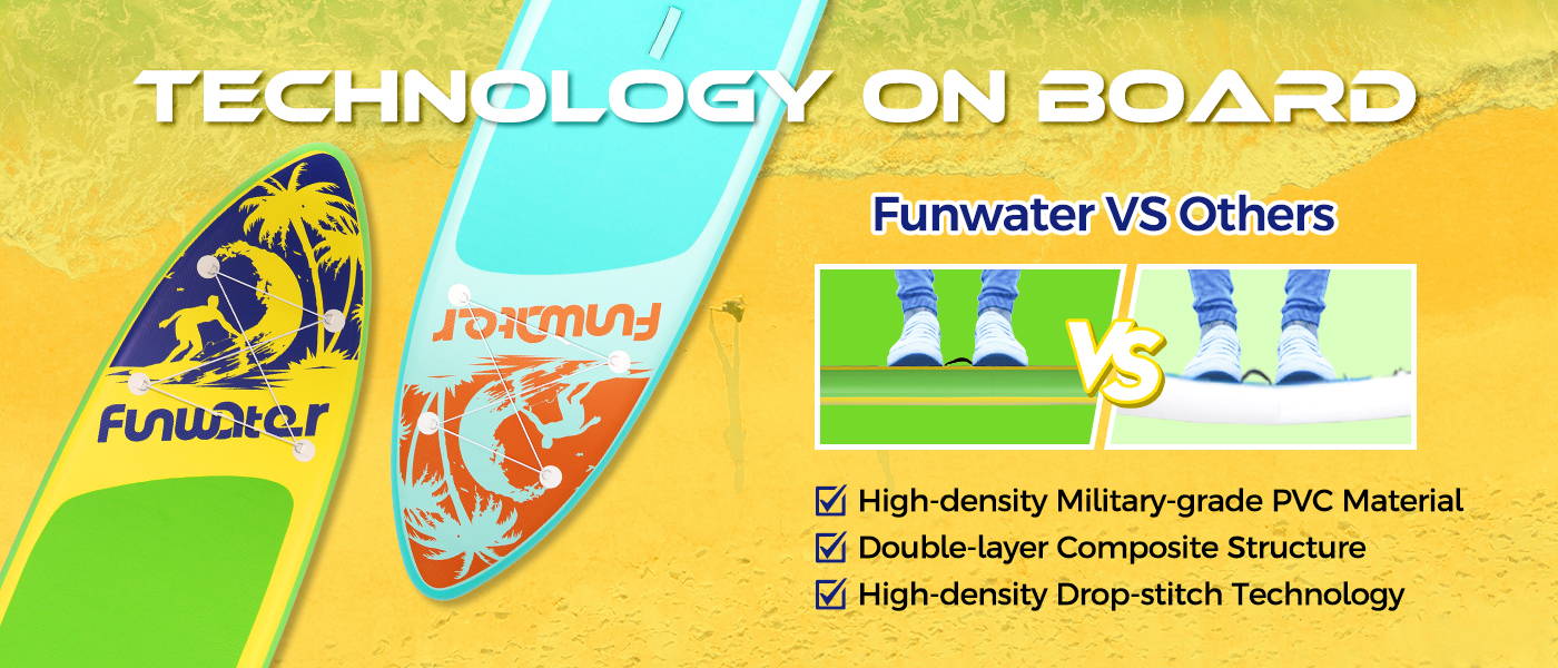 Funwater technology on SUP board with high-density military-grade PVC material, double-layer composite structure, high-density drop-stitch technology