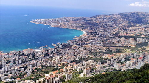 Aerial view of the coast of Jounieh Bay in Beirut, Lebanon, seen from the aerial cableway
