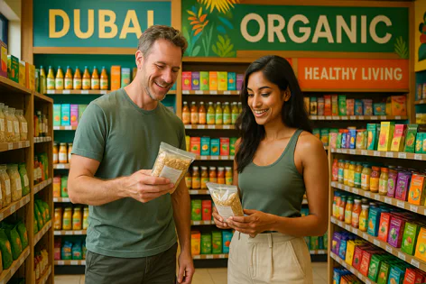 A smiling man and woman examine bags of granola or nuts while shopping in a Dubai organic healthy living store with shelves full of colorful products.