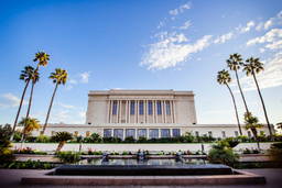Mesa Temple and palm trees against a blue sky with thin clouds.