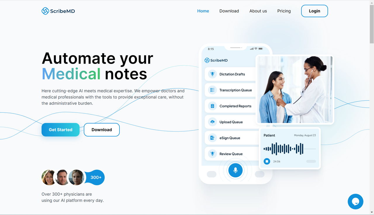 Screenshot of ScribeMD's website landing page, an AI scribe
