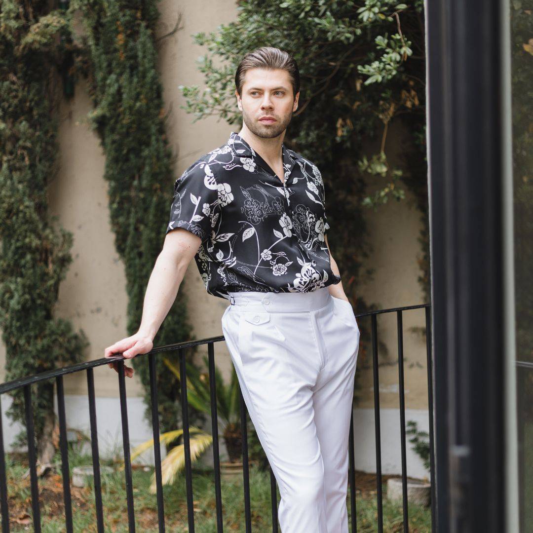 model standing on a balcony and wearing a gothic floral short sleeve silk shirt from 1000 kingdoms