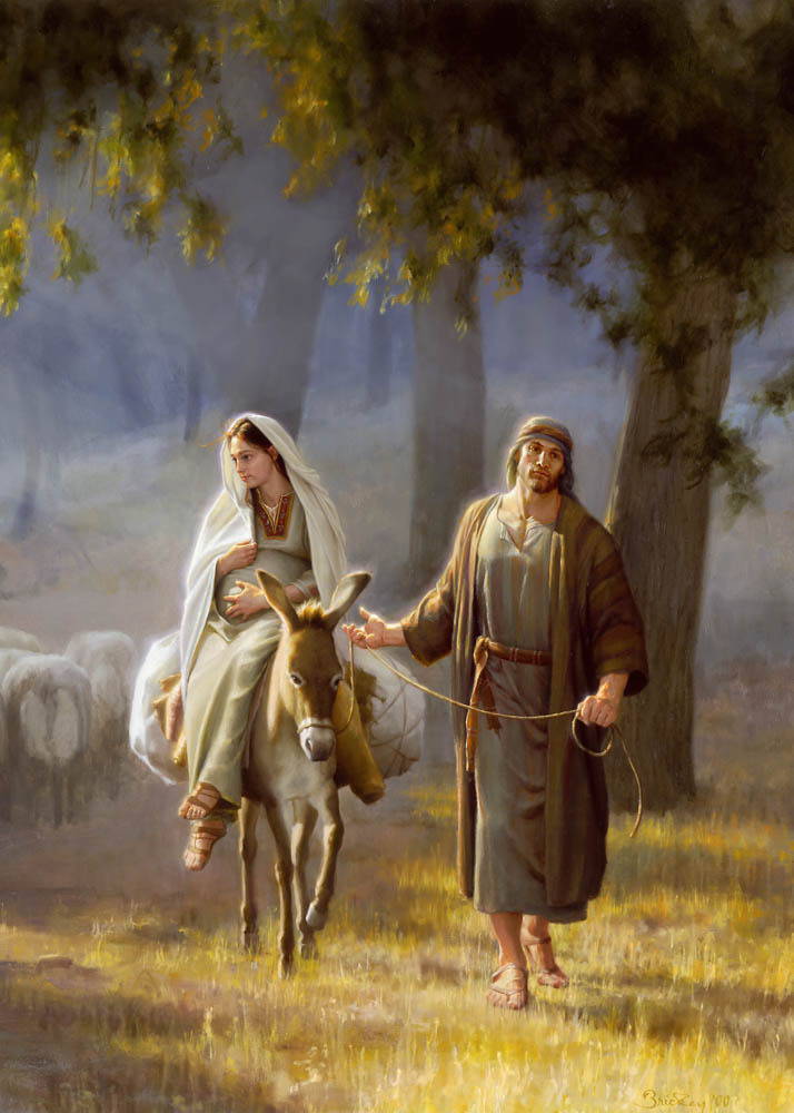 Painting of JOseph leading Mary on a donkey.