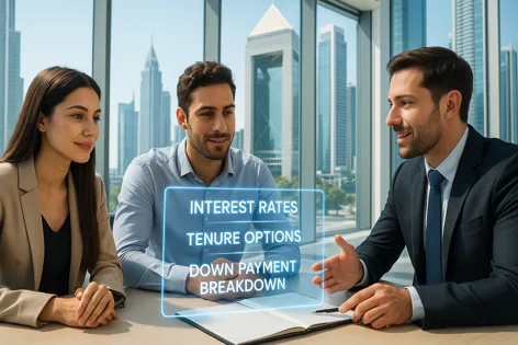 Business professionals discuss financial terms including interest rates, tenure options, and down payment breakdown displayed digitally during a meeting.