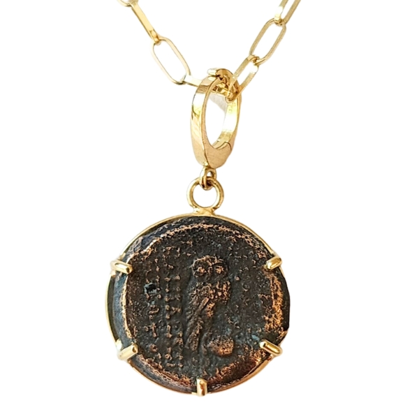 Ancient bronze coin of an owl in an 18kt gold pendant