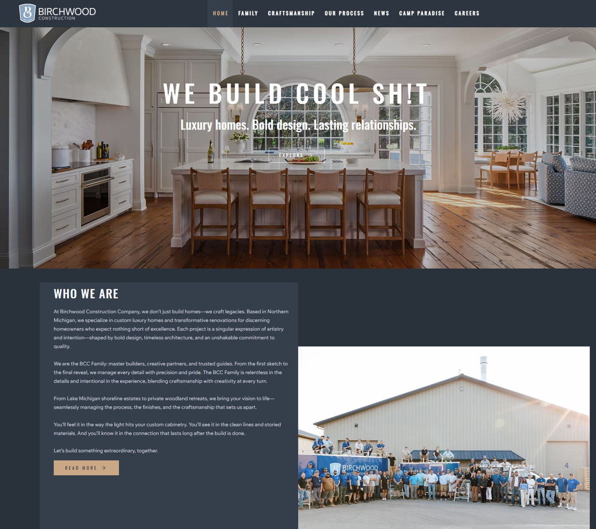 Screenshot of Birchwood Construction Company, from the home builder websites collection.