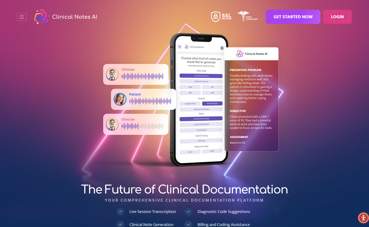 Screenshot of Clinical Notes AI's website landing page, an AI scribe