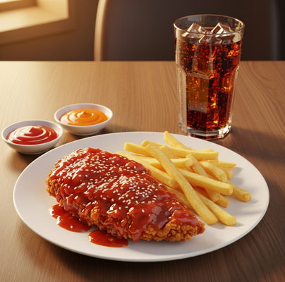 Combo gà sốt phủ sốt đỏ ăn kèm khoai tây chiên và ly nước ngọt tại Delica