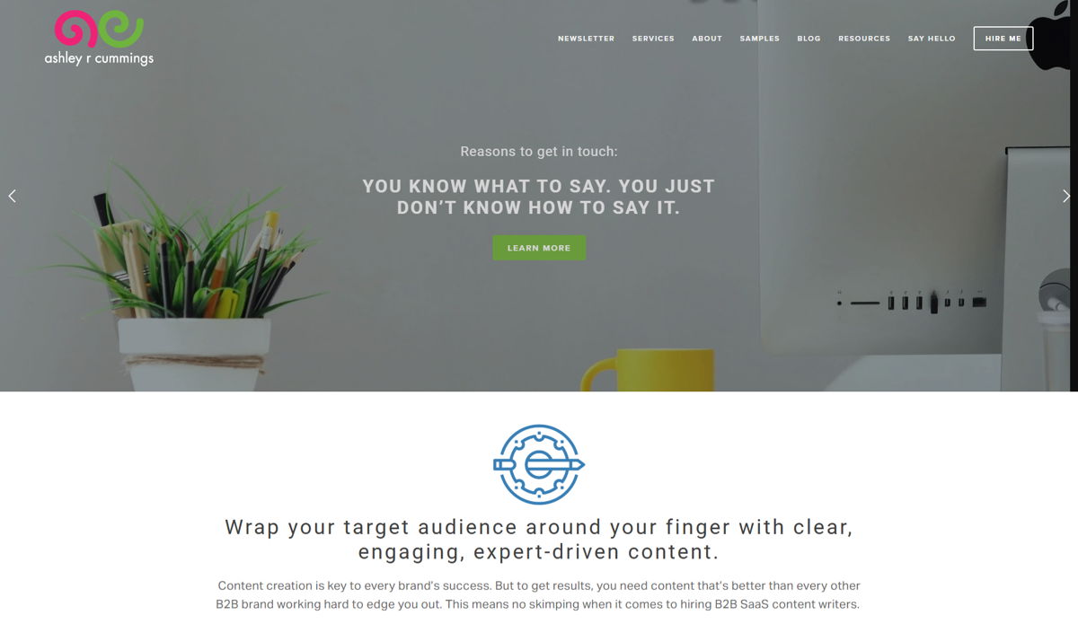 Screenshot of Ashley R. Cummings, from the content marketing portfolios collection.