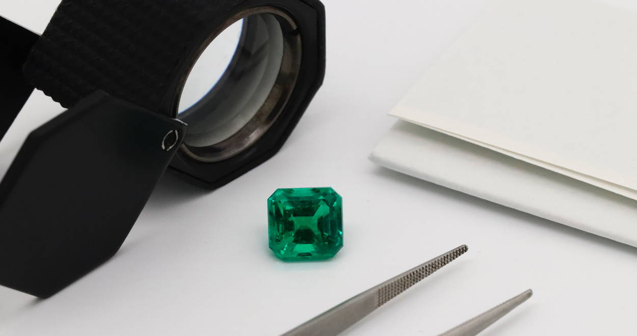 Une émeraude synthétique sur le bureau d'un gemmologue avec des outils.