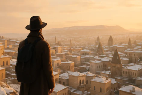 A person wearing a hat, coat, and backpack stands overlooking a snowy town in Cappadocia during a golden sunrise, with unique rock formations rising from the rooftops.