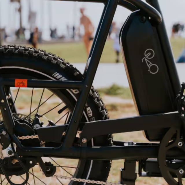 Close up of Rad Power electric bike frame and battery