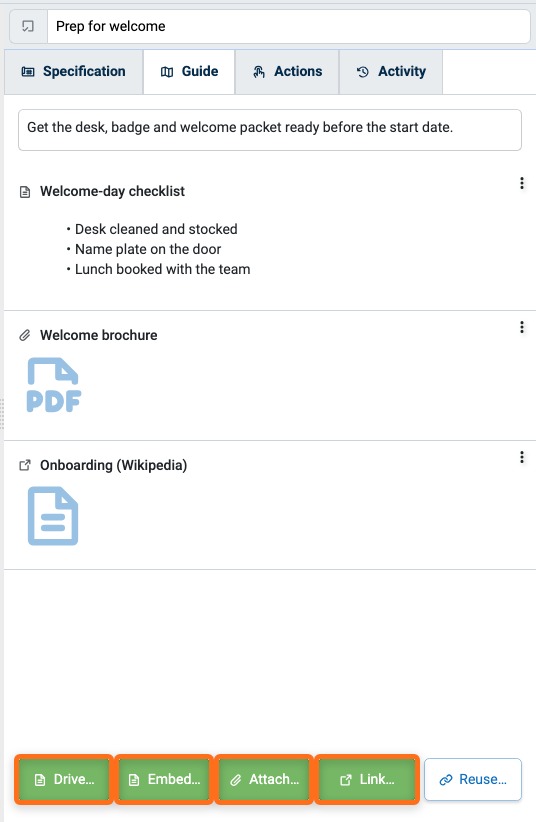 Drive, Embed, Attach, and Link buttons at the bottom of a Step's Guide tab