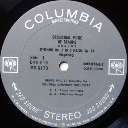 Columbia 2-EYE / BRONO WALTER, - Brahms Symphony No.2, EX!