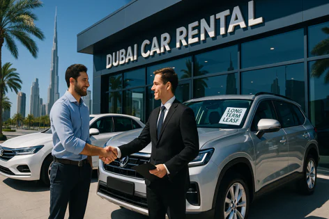 Man in blue shirt shaking hands with man in suit in front of Dubai Car Rental with silver SUV for long term lease and Burj Khalifa skyline.