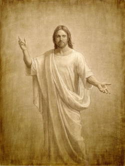 Sepia sketch of Jesus with one arm pointed toward Heaven and the other toward the viewer.