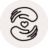 Two hands circling a heart icon on a linen coloured circle