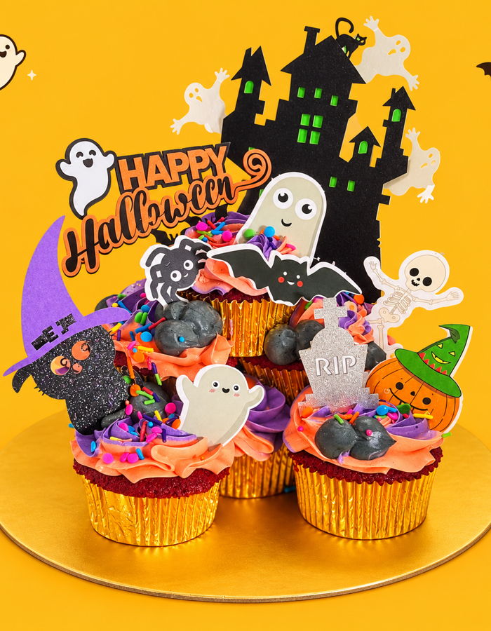 Spooky Party Cupcake Tower with ghost and bat toppers