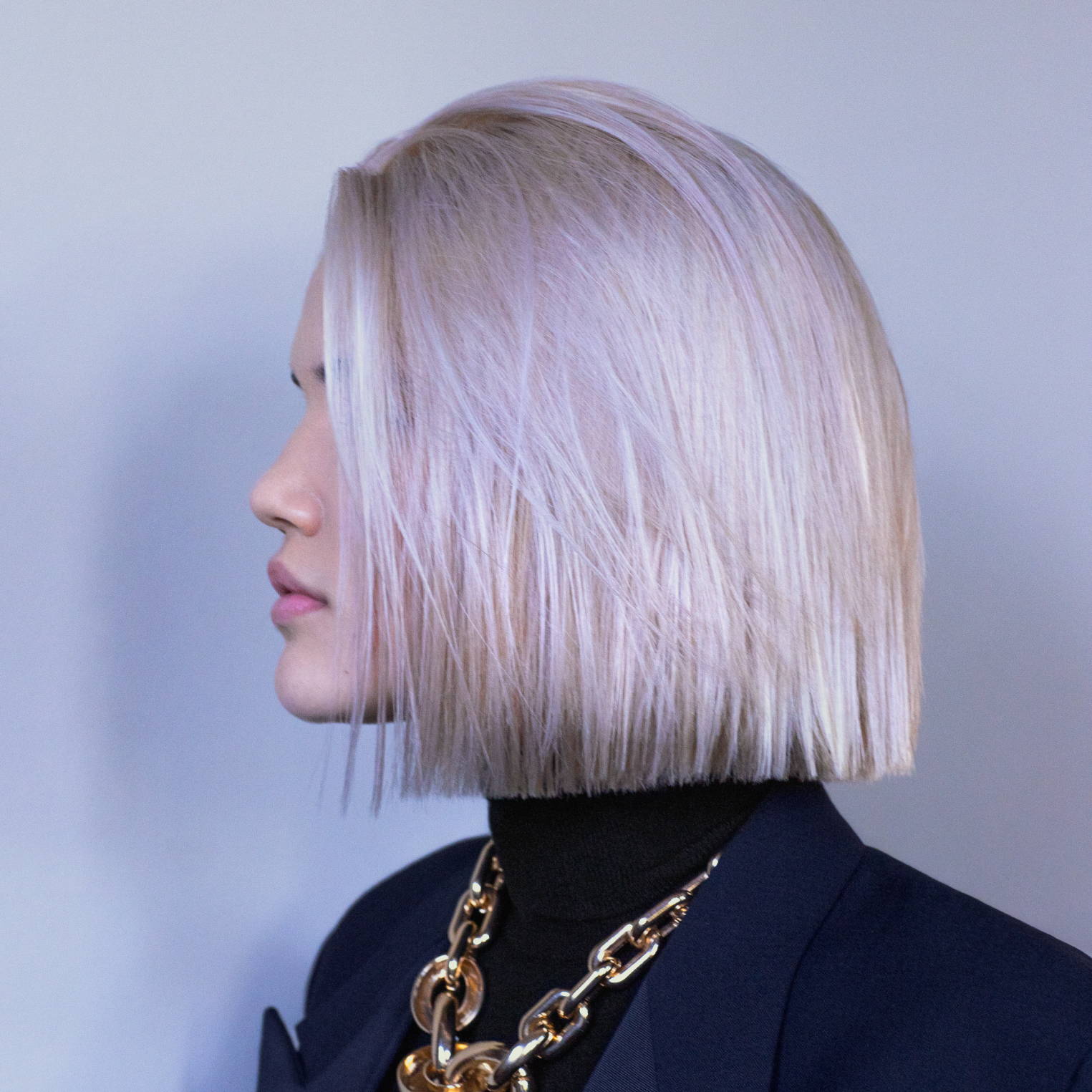 Davines hair model with an angual bob