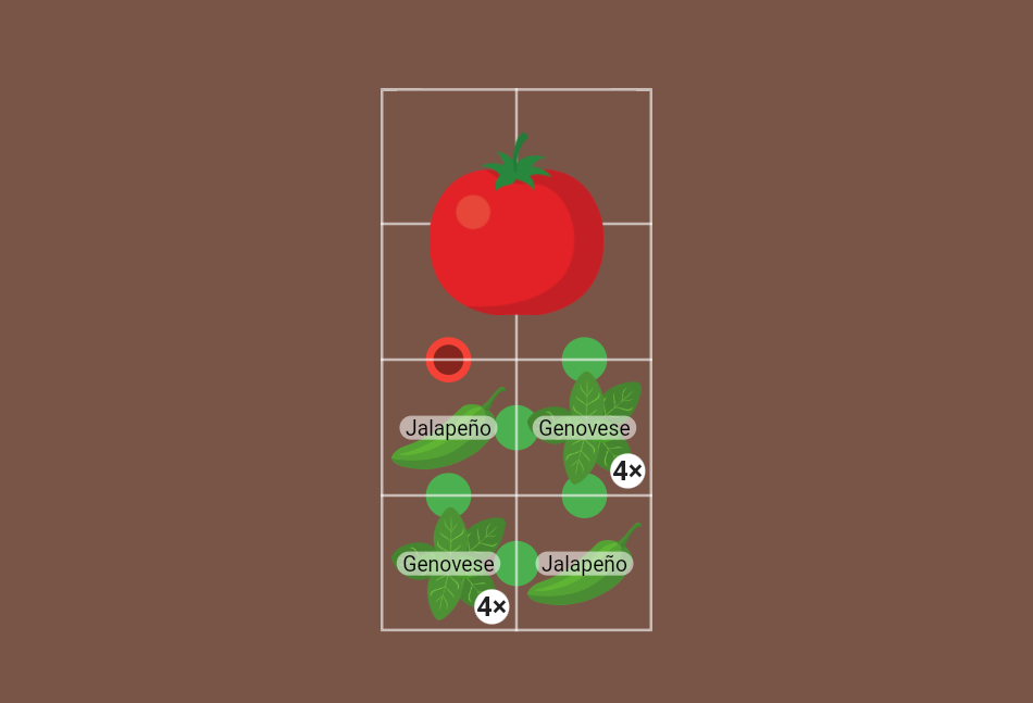 Garden plan in the Planter App of a tomato, basil, and peppers