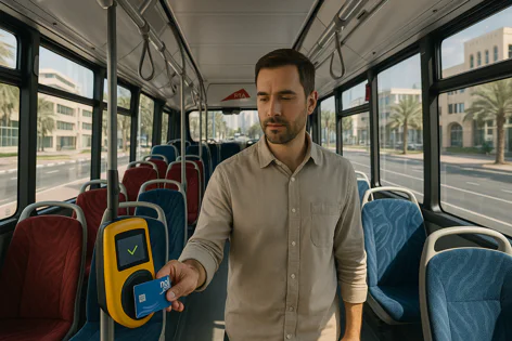 Man taps blue smart card on fare reader inside bus. Green checkmark shows successful tap. Bus interior, city buildings, and palm trees visible through windows.