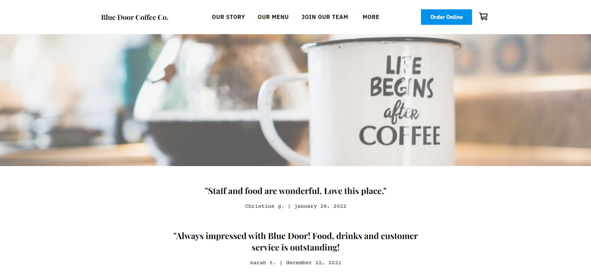 Screenshot of Blue Door Coffee Co, from the cafe & coffee shop websites collection.