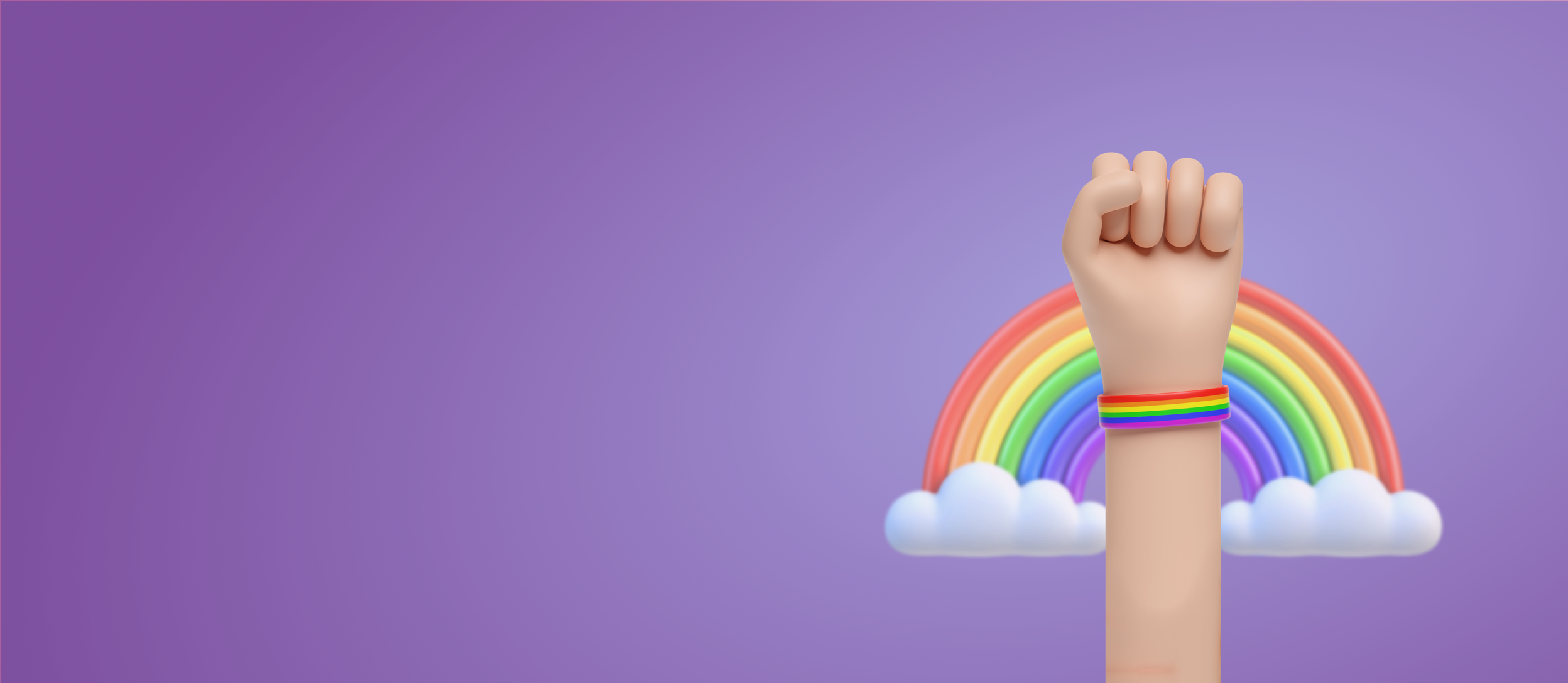 A raised fist in front of a big rainbow for Confetti's Virtual Allyship Workplace