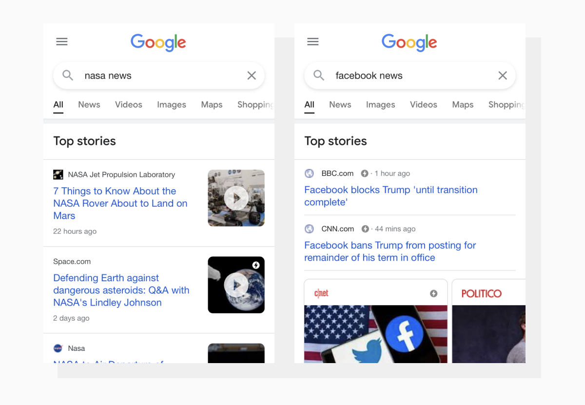 AMP and non-AMP pages featured in the top stories section