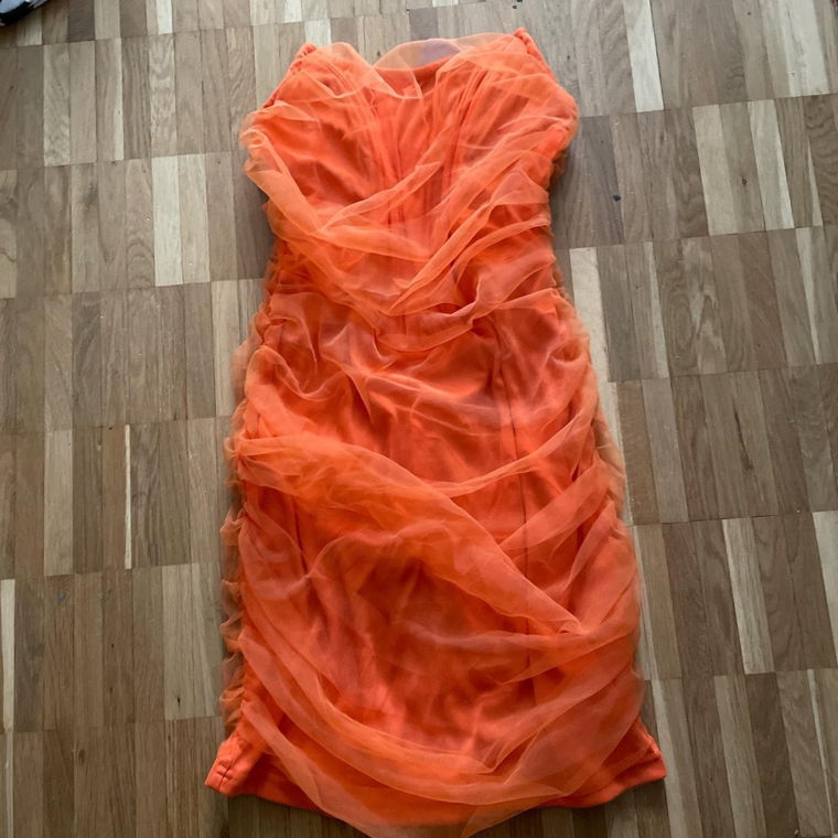 Prettylittlething orange strapless bodycon dress