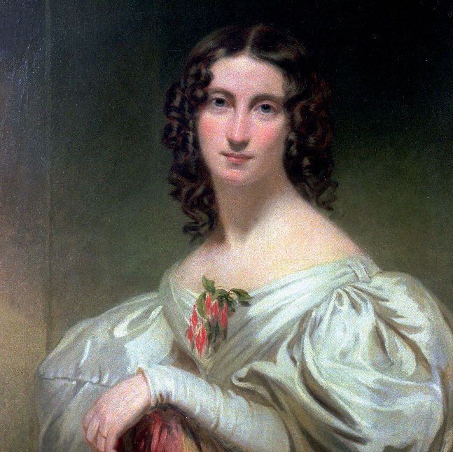 1822 portrait of Mary Shelly wearing a white dress