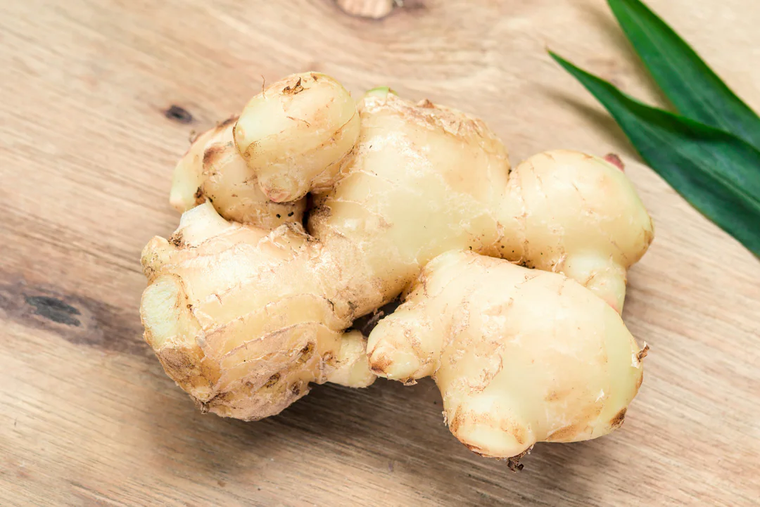 A piece of ginger root on a wooden board with ginger leaves beside it