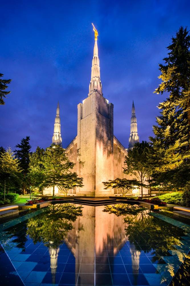 LDS art photo of the Portland Oregon Temple and the garden reflection pool. 