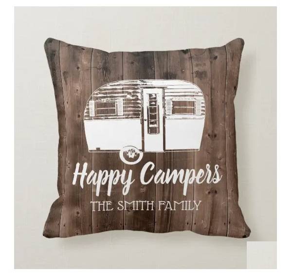 square pillow made from high-quality materials print camping truck image, your chosen message on a wood image background