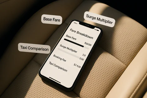 Uber app screen on a phone shows fare breakdown details including base fare, surge multiplier, and a section for taxi comparison.