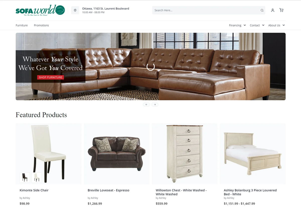 Screenshot of Sofa World, from the shopify furniture stores collection.