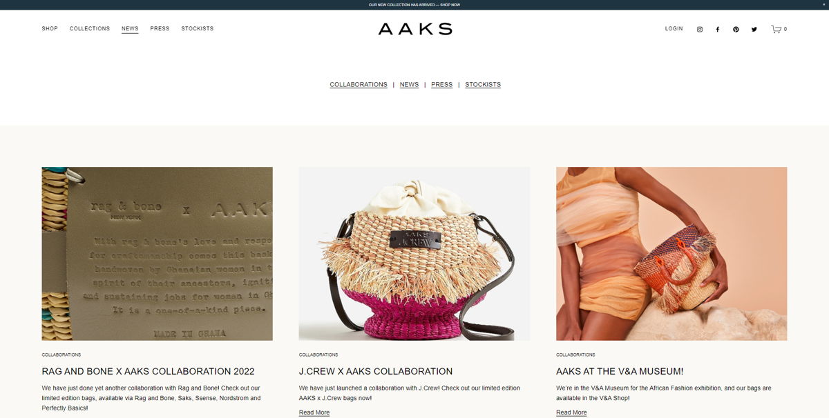 Screenshot of News — AAKS, from the squarespace blog examples collection.